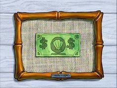 a green dollar bill in a frame on a white wooden background with the word $ 10 below it