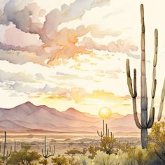 a painting of a desert scene with cactus trees and mountains in the background at sunset