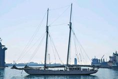 a sailboat floating in the water next to a large ship and other ships on the water