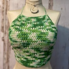 Crochet Halter Top. Handmade In Bali. Green, Light Green And White. Fits Xs-M. Top Has Adjustable Ties. Machine Washable. 100% Cotton White Cotton Halter Neck Top, Trendy Fitted White Crochet Top, Trendy White Fitted Crochet Top, Casual Fitted Multicolor Halter Top, White Cropped Cotton Halter Top, Green Cropped Summer Top, Casual Cotton Halter Neck Crop Top, Casual Green Halter Neck Crop Top, Summer Green Crochet Top