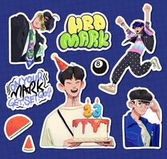 the stickers are all different shapes and sizes, including one man holding a cake