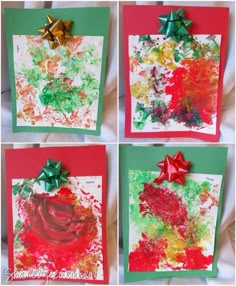 four christmas cards with bows on them, one is red and the other is green