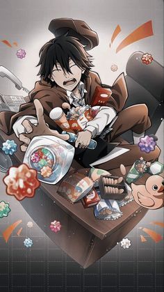 an anime character sitting at a table with food and drinks in front of him on his lap