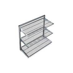 three tiered metal shelf with four shelves on the top and bottom, one is empty