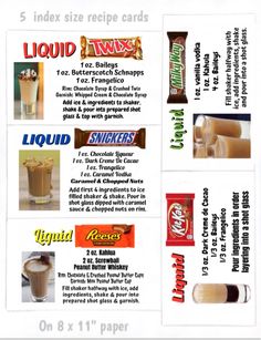 an info sheet describing the different types of drinks and their ingredients for each type of drink