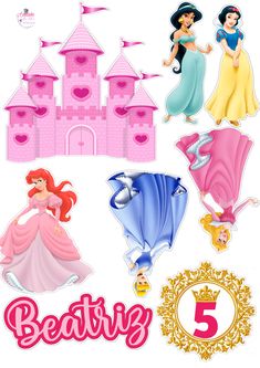 disney princess cutouts are shown in pink, blue and yellow colors with the number 5