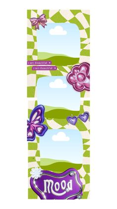 three banners with butterflies and clouds on them