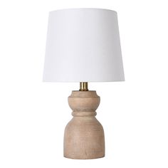 a wooden table lamp with a white shade