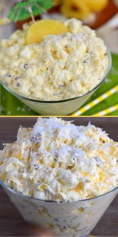 two pictures show different types of food in glass bowls