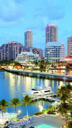 the city is lit up at night with boats docked in the harbor and palm trees