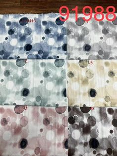 four different colors of polka dot fabric with numbers on each side and the same color