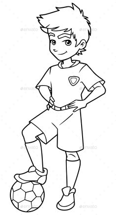 a black and white cartoon boy standing next to a soccer ball