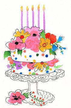 a drawing of a cake with flowers on it and lit candles in the top tier