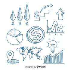 hand drawn business icons and graphs on a white background with blue marker marks in the middle