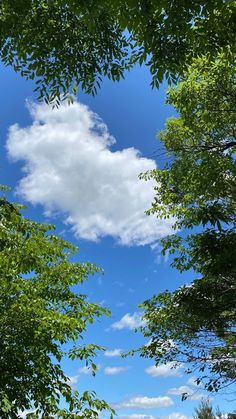 the sky is filled with clouds and green trees are in the foreground, as well as blue skies