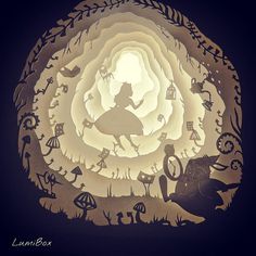 an illuminated paper cut artwork depicting alice in wonderland