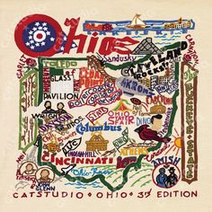 an embroidered map of the state of ohio, with words all over it in red and blue