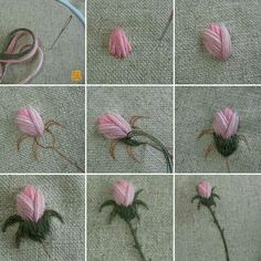 several pictures of pink flowers being used to make an ornament for a flower