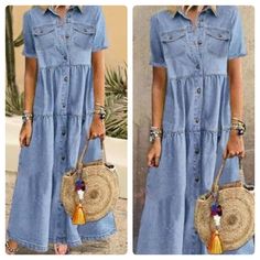 Short Sleeve Denim Dress Loose Denim Dress, Winter Dress Outfit, Dress Outfits Casual, Casual Dress Outfit, Dress Outfit Winter, Denim Dress Summer, Vintage Denim Dress, Vestidos Jeans, Moda Denim