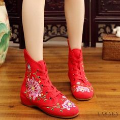 Lasaky - Embroidered Oxford Boots with Block Heel and Chrysanthemum Design Beef Tendon, Short Ankle Boots, Basic Boots, Oxford Platform, Oxford Boots, Embroidery Shoes, Canvas Shoe, Autumn Pattern, Leather Flip Flops