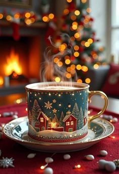 a coffee cup sitting on top of a saucer next to a fire place filled with christmas lights