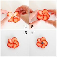 four pictures showing how to cut strawberries in half and put them in the middle