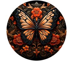 an orange and black butterfly with flowers on it's wings is in a circular frame