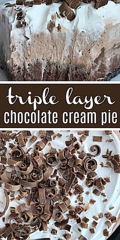 triple layer chocolate cream pie on a white plate