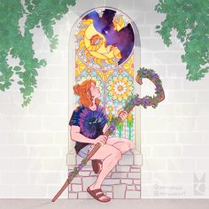 a painting of a woman sitting on a window sill with a dragon in her lap