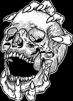 a black and white drawing of a skull with its mouth open, showing the teeth