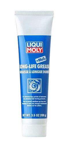 a tube of liqui moly long - life grease on the side of a white background