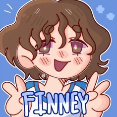 a cartoon character with the word finney on it's chest and hands in front of her face