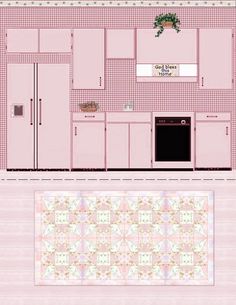 a kitchen with pink cabinets and floor tiles on the walls is shown in this image