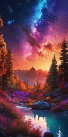 the night sky is filled with stars and colorful clouds, as well as some trees