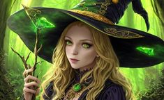 a woman wearing a witches hat and holding a green wand in her hand while looking at the camera