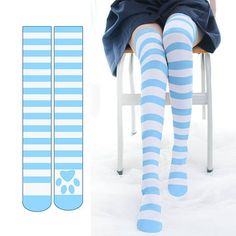 Size:Length::62cm Package Content: 1Pair (without retail package) Size chart: Size:One Size Length:62cm/24.41'' Color: Blue. Paws Socks, Striped Knee High Socks, Cat Stockings, Over Knee Socks, Paw Pattern, Cat Paw Print, Striped Cat, Over The Knee Socks, Cat Paw