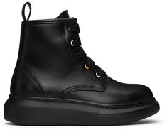 Ankle-high buffed leather boots in black. Multicolor hardware. · Lace-up closure · Zip closure at inner side for easy on and off · Logo-woven webbing pull-loop at heel collar · Treaded rubber sole · Platform: H1.5 in Supplier color: Black/Multicolor Alexander McQueen EU Size: child's foot length 25: 6 / 15.2 cm 26: 6.25 / 15.9 cm 27: 6.5 / 16.5 cm 28: 6.75 / 17.1 cm 29: 7 / 17.8 cm 30: 7.25 / 18.4 cm 31: 7.5 / 19.1 cm 32: 7.75 / 19.7 cm 33: 8 / 20.3 cm Mcqueen Boots, Alexander Mcqueen Boots, Black Lace Up Boots, Kids Black, Boots Outfit, Dr. Martens Boots, Lace Up Boots, Leather Boots, Black Lace