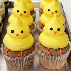 some cupcakes with yellow frosting and little chicks on top are lined up