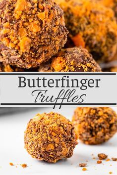 some kind of food that is on top of a white surface with the words butterfingerer truffles over it