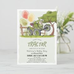 a tractor birthday party card with balloons