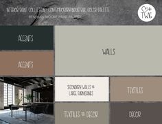 the interior color scheme for an office with gray walls and flooring, along with various colors