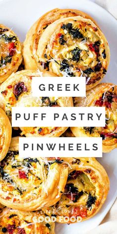 greek puff pastry pinwheels on a plate with the words, greek puff pastry pinwheels