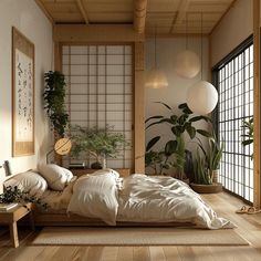 a bedroom with wood flooring and white bedding, plants on the side wall