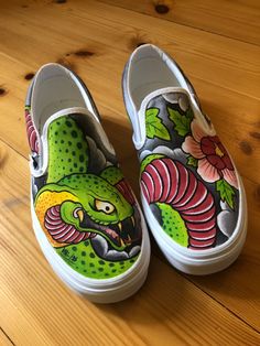 Shoe Art Ideas, Berlin Tattoo, Tattoo Japanese, Anime Demon Boy, Painted Jacket, Vans Slip On