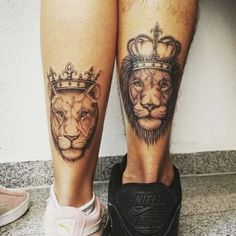 two people with tattoos on their legs, one has a lion and the other has a crown