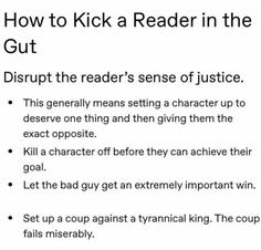 a white paper with the words how to kick a reader in the gutt on it