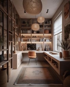 a home office with shelves and hanging lights