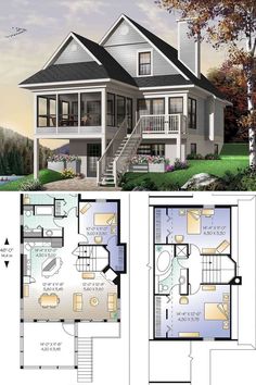 two story house plans with lofts and an open floor plan for the first level