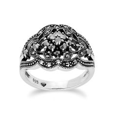 A beautiful classic style ring crafted from sterling silver, set with a cluster of sparkling marcasite gemstones. Marcasite Information: Number of Stones: 31 Stone Shape: Round Stone Size: 2mm | 1.8mm | 1.7mm | 1.1mm | 1mm Carat Weight: 0.625ct Natural/Created: Natural Marcasite Country of Origin: Austria Art Nouveau Jewelry, Art Nouveau Style, Ring Crafts, Sterling Silver Filigree, Silver Filigree, Cluster Ring, Womens Jewelry Rings, Sterling Ring, Handmade Ring