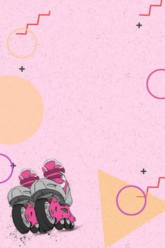 two motorcycles are parked in front of a pink background with circles and shapes around them